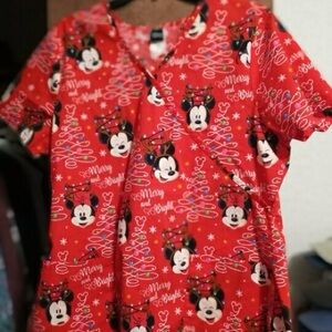 Disney Red Festive Mickey Mouse Scrubs Top